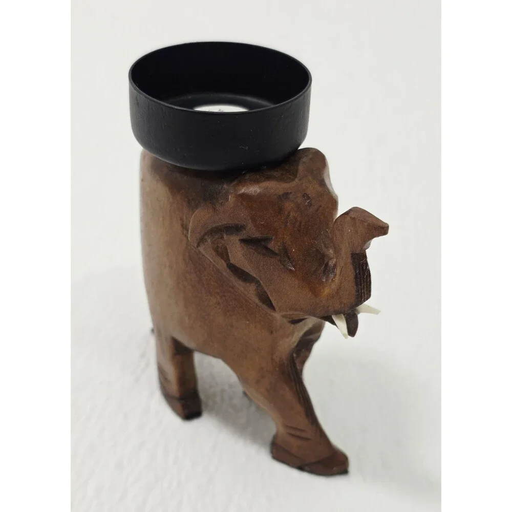 Vintage Wooden Carved Elephant Tea Light Candle Holder
